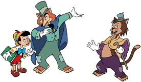 Pinocchio with Gideon and Foulfellow on his way to school
