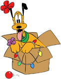 Pluto in a box of Christmas decorations