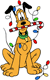 Pluto tangled in Christmas lights with a candy cane
