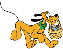 Pluto holding an Easter egg basket in his mouth