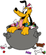 Pluto in a cauldron filled with candy