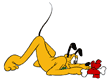 Pluto with his nose against a bone with a bow on it