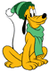 Pluto wearing a winter scarf and hat