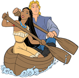 Pocahontas and John Smith paddling a canoe