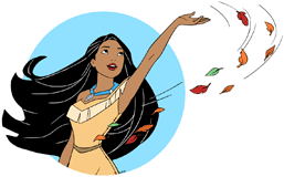 Pocahontas raising an arm among leaves in the wind