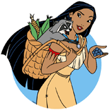Pocahontas showing Meeko a handful of blueberries while carrying corn in a basket