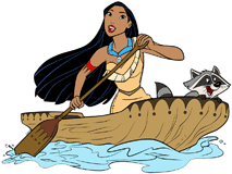 Pocahontas paddling in a canoe with Meeko