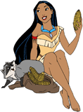 Pocahontas holding an ear of corn with Meeko