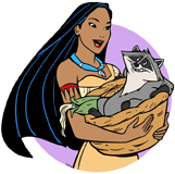 Pocahontas holding a basket of corn with Meeko in it