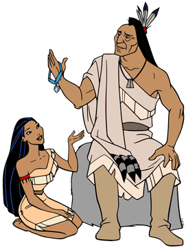 Pocahontas with her father, Chief Powhatan, holding her necklace