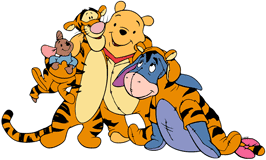 Winnie the Pooh, Tigger, Eeyore, Piglet and Roo dressed to look like Tigger