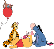 Winnie the Pooh, Tigger, Eeyore and Piglet watching Roo on a balloon