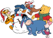Pooh, Tigger, Piglet, Roo, Eeyore, snowman