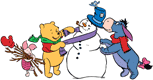 Pooh, Piglet, Eeyore, Tigger building a snowman