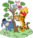 Pooh, Piglet, Tigger and Eeyore greeting birds in a nest