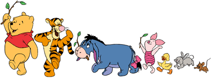 Winnie the Pooh, Tigger, Eeyore and Piglet forming a train with a duckling, a rabbit and a mouse