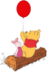 Pooh, Piglet sitting on a tree stump with a balloon