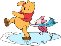 Piglet skating, pushing Winnie the Pooh on the ice