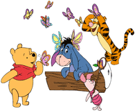 Winnie the Pooh, Tigger, Eeyore and Piglet surrounded with butterflies