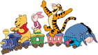 Pooh, Piglet, Tigger, Eeyore riding toy train