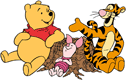 Pooh, Piglet, Tigger relaxing by a tree trunk