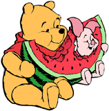 Winnie the Pooh and Piglet eating watermelon
