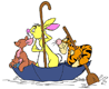 Tigger, Rabbit, Kanga, Roo in umbrella on the water