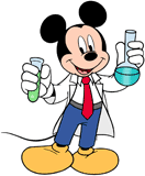 Chemist Mickey Mouse holding a beaker and a test tube