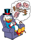 Scrooge dreaming about jumping piggy banks