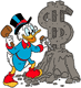 Scrooge carving dollar sign from rock