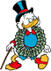Scrooge wearing dollar bills around his neck
