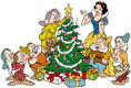 Snow White, dwarfs decorating Christmas tree
