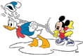 Mickey throws a snowball at Donald