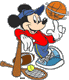 Mickey Mouse spinning basketball, leaning on baseball