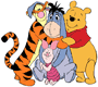 Pooh, Piglet, Tigger, Eeyore hugging