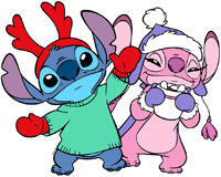 Stitch with Angel drinking hot cocoa