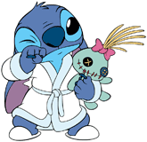 Stitch wearing a bathrobe with Scrump