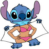 Stitch holding up a bikini beach towel