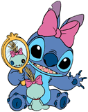 Stitch, wearing a bow, holding a mirror to Scrump