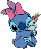 Stitch, wearing a bow, hugging Scrump