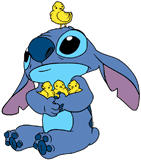 Stitch holding spring chicks in his arms