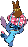 Stitch carrying an Easter egg and a chocolate bunny