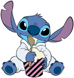 Stitch eating ice cream from a tub with a spoon