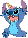 Stitch running with an ice cream cone on his head