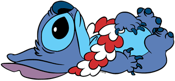 Stitch lying on his back, wearing a lei