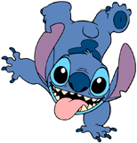 Stitch standing on one hand with his tongue hanging out