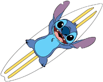 Stitch lying down on his surfboard