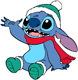 Stitch wearing winter scarf, hat and boots