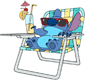 Stitch relaxing in a beach chair with a glass of lemonade