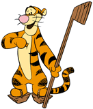 Tigger smiling with a hockey stick